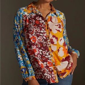 Maeve Anthropologie Contrast Print Buttondown Long Sleeve Blouse NWOT Size SP
